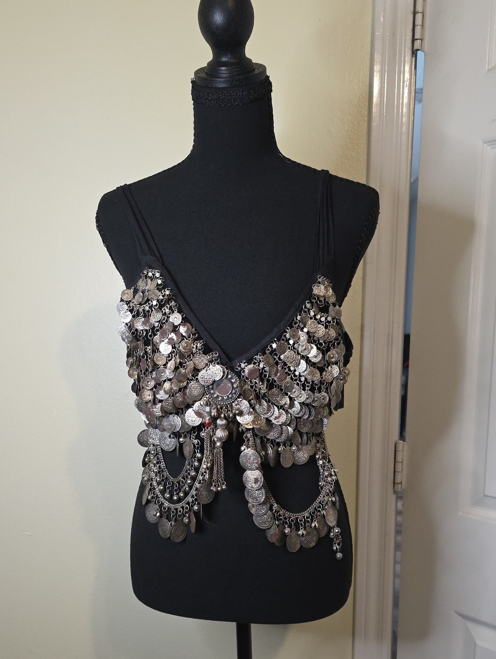 Silver Coin Fringe Belly Dance Bra Top